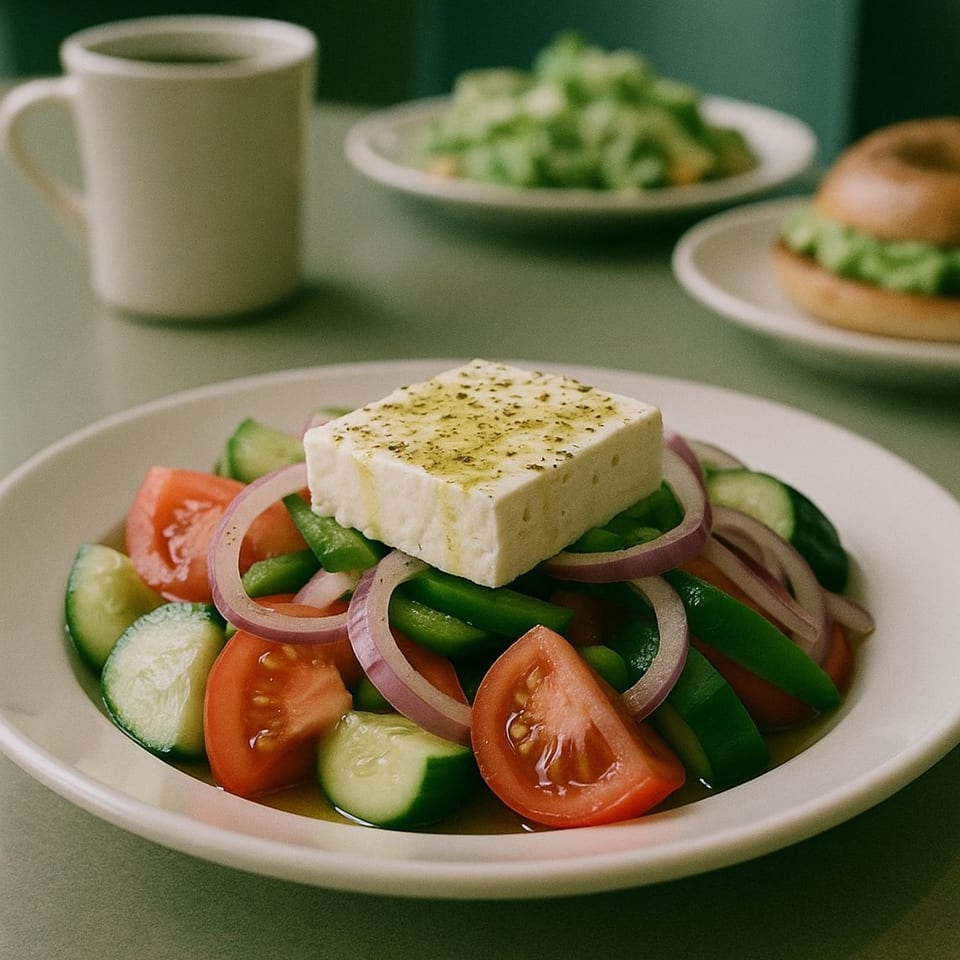 A fresh Greek salad with feta, tomatoes, cucumbers, green peppers, and red onions, with coffee and bagel in background.