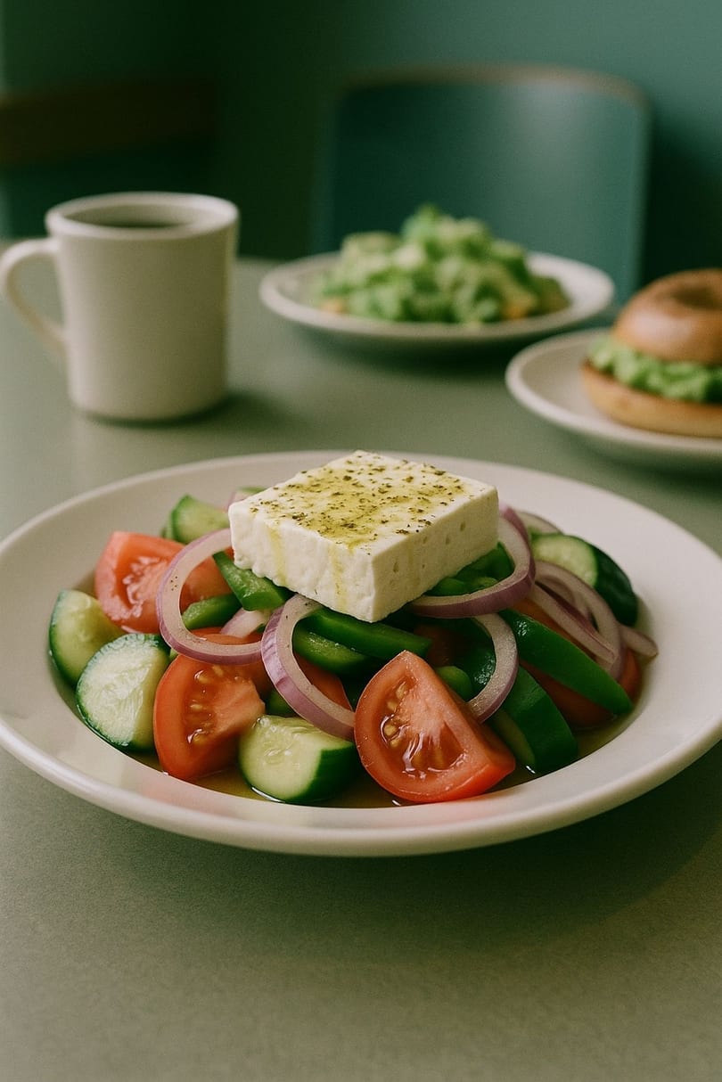 A fresh Greek salad with feta, tomatoes, cucumbers, green peppers, and red onions, with coffee and bagel in background.