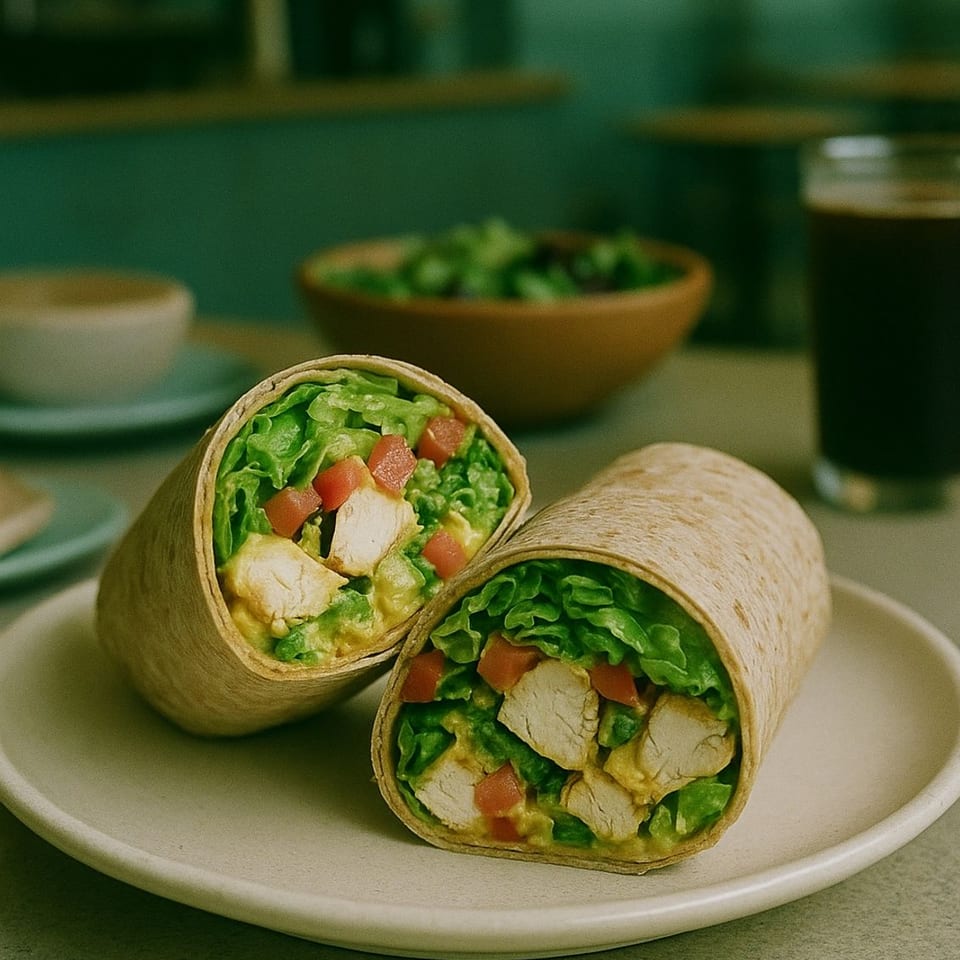Two halves of a chicken, avocado, lettuce, and tomato wrap on a white plate at Elia Cafe.