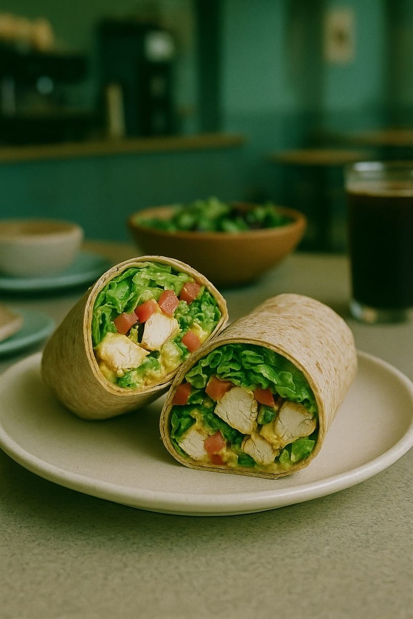 Two halves of a chicken, avocado, lettuce, and tomato wrap on a white plate at Elia Cafe.