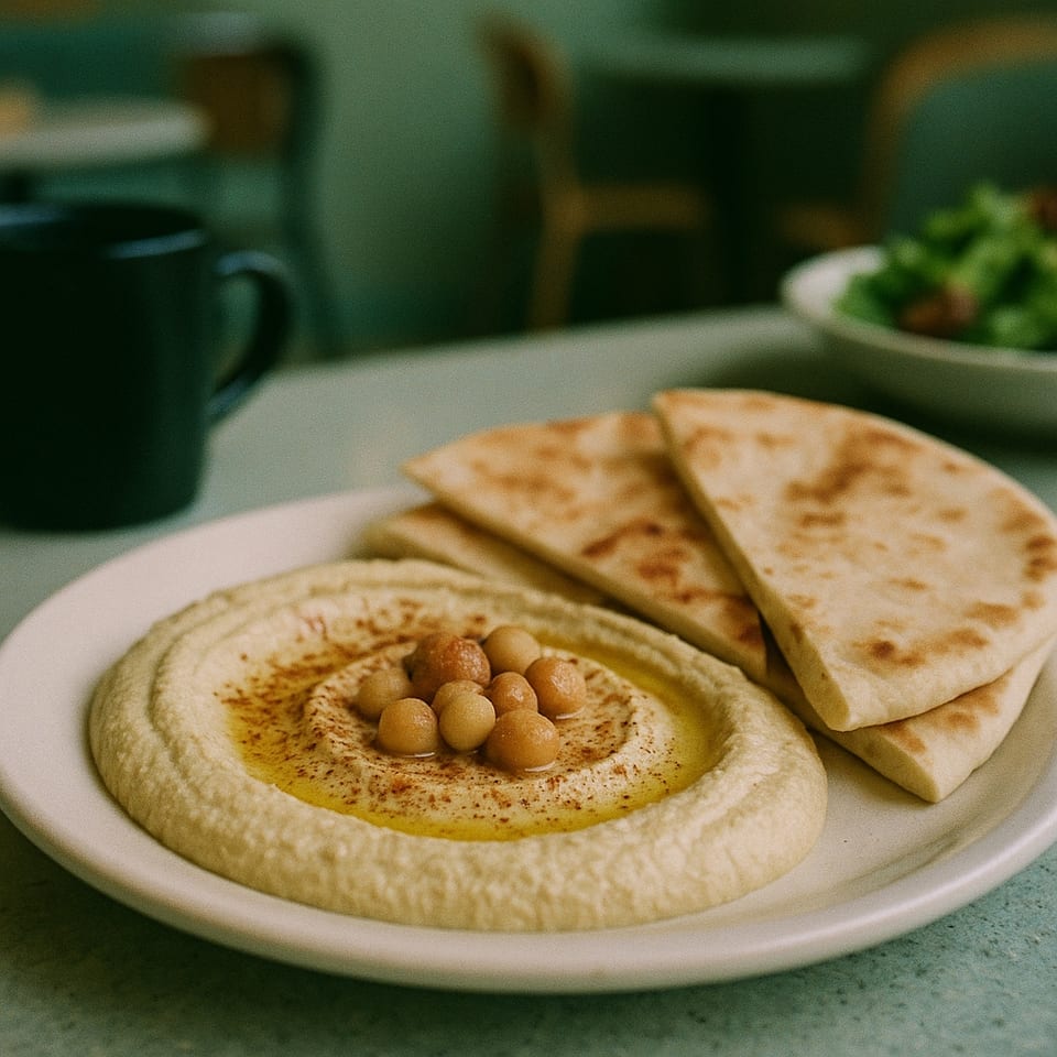 Creamy hummus topped with chickpeas and olive oil, served with warm pita bread at Elia Cafe.