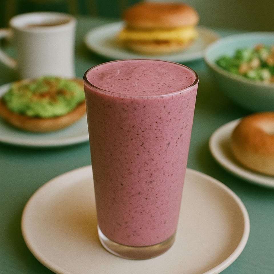 A berry smoothie on a white plate, with a coffee, avocado toast, and breakfast sandwich in the background.