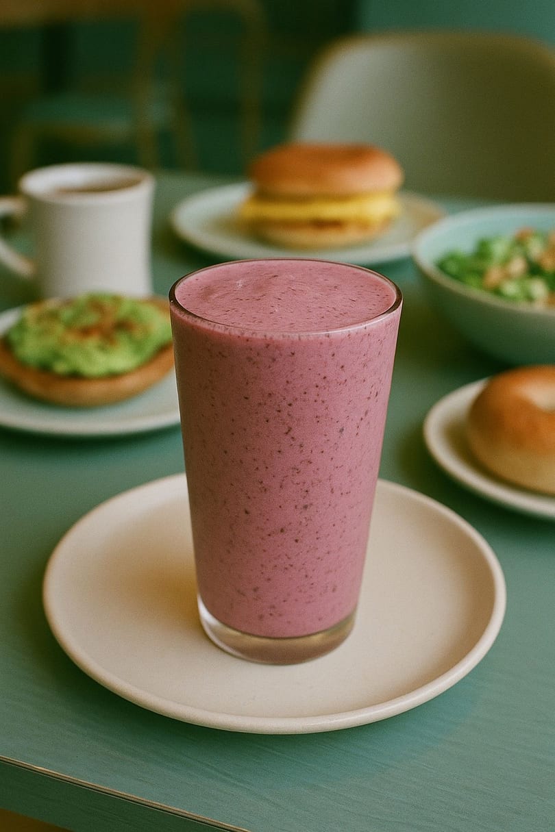 A berry smoothie on a white plate, with a coffee, avocado toast, and breakfast sandwich in the background.