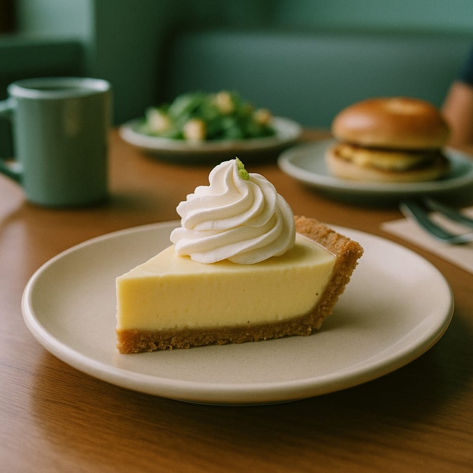 Slice of key lime pie with whipped cream on a plate at Elia Cafe.