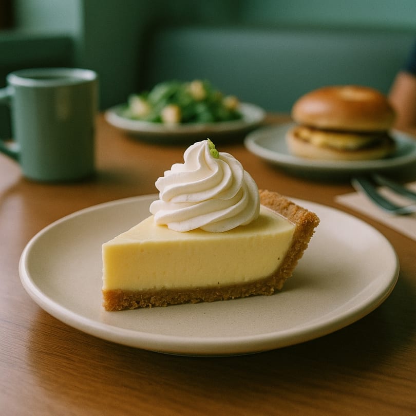Slice of key lime pie with whipped cream on a plate at Elia Cafe.