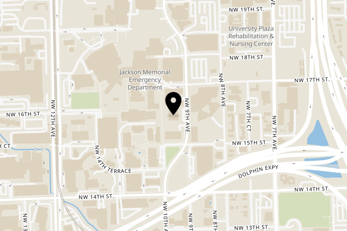Map showing the location of Elia Cafe @Calder Library - UHealth District on 1601 NW 10th Ave in Miami